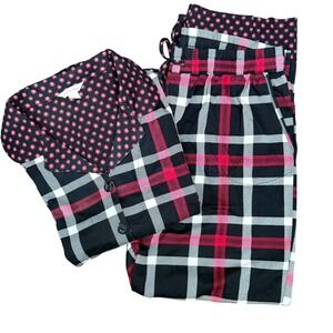 Vera Bradley Pajamas Women XL Black Plaid Button Down Sleepwear Set Loungewear